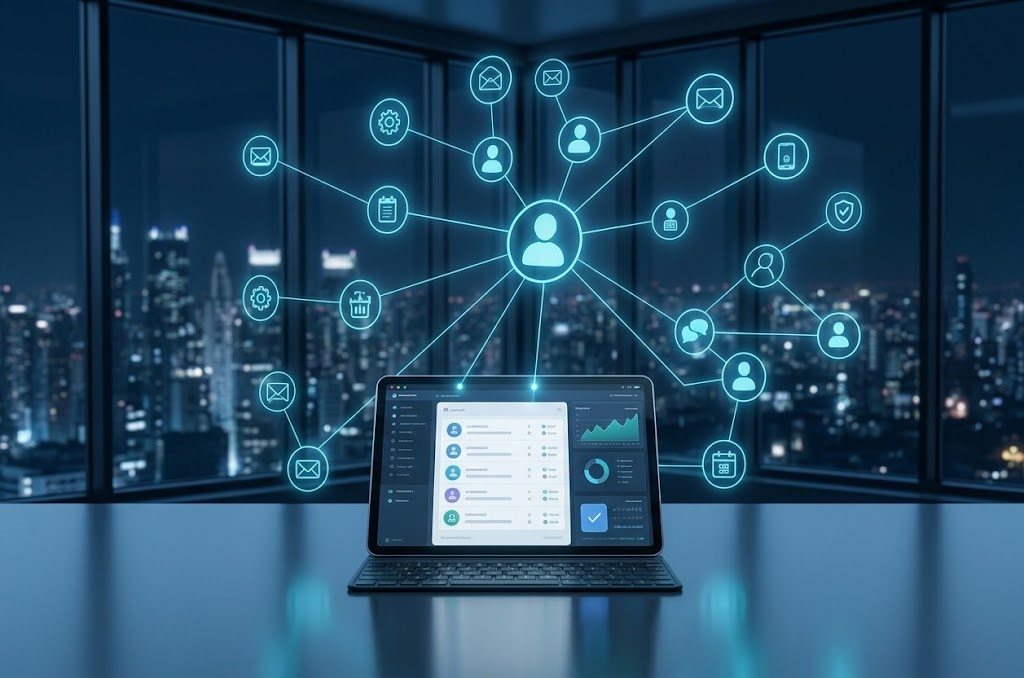 A tablet running a customer dashboard at the centre of a network of contact, messaging and scheduling services.