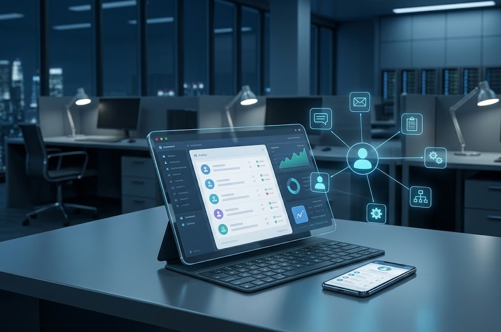 A CRM workspace open on a tablet and phone, showing customer profiles, statuses and performance charts.