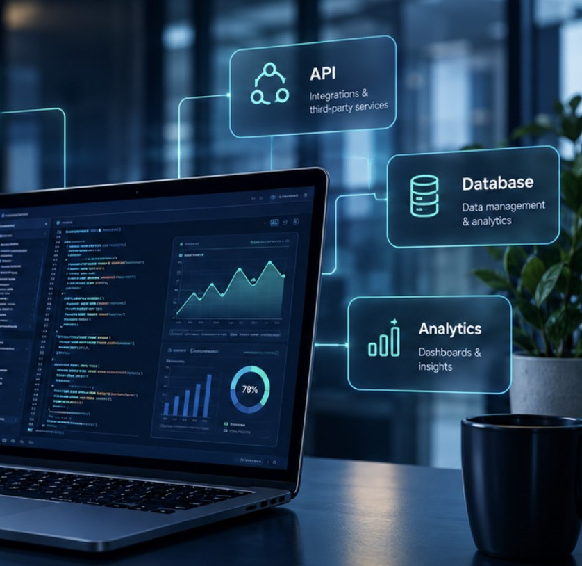 A laptop showing code alongside analytics dashboards, linked to API, database and analytics services.